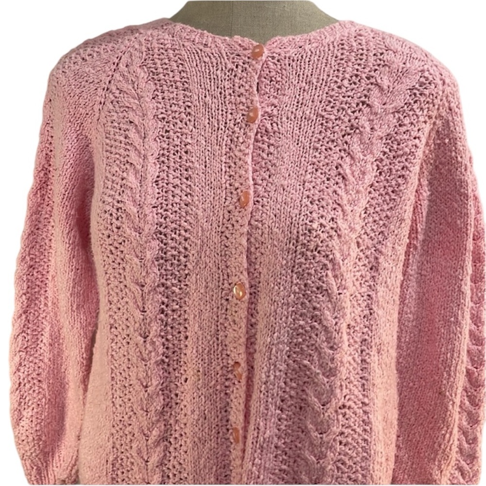 Vintage handmade cardigan cotton sweater button-down cable knit pink women’s L